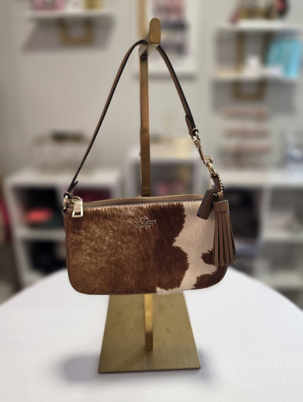 **BRAND NEW** Coach Brown and Cream Cowhide Small Shoulder Bag with Tassel Charm